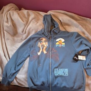 2PAC Graphic Zip-Up Hoodie Jacket in Slate Blue - Lightweight Shirt Jacket